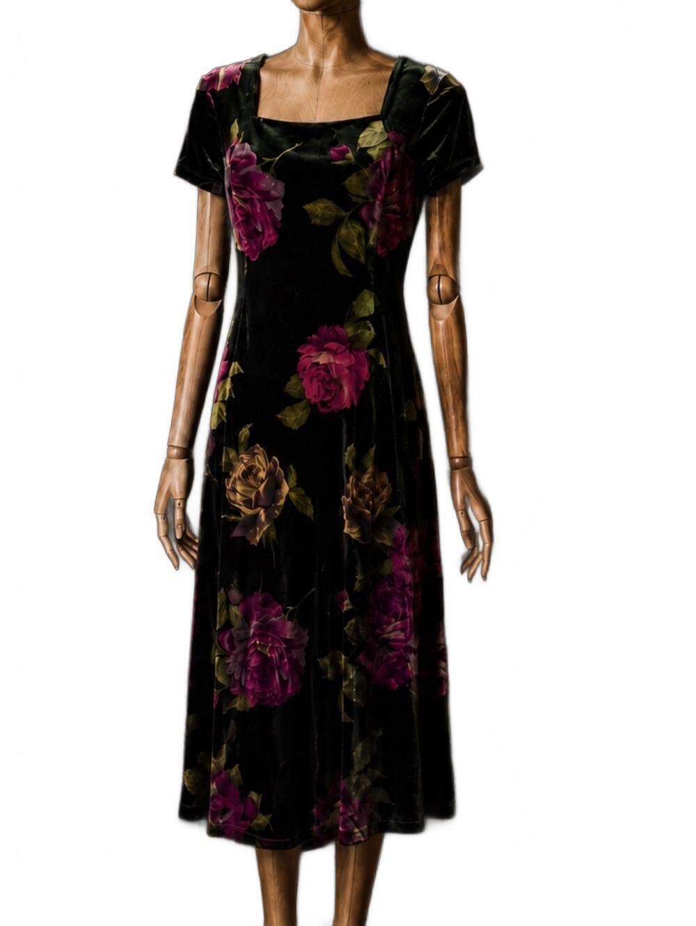 Vintage 90s Black Burnout Velvet Rose Floral Maxi Dress Square Neck Sz Small P